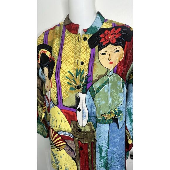 Chico's Silk Blouse Button Up Art To Wear Geisha Whimsical sz 0‎ XS/S - Picture 4 of 7